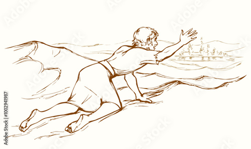 Vector drawing. A man in the desert sees a mirage