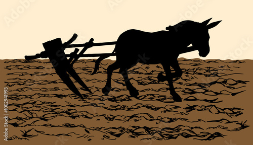 Vector drawing. Cute old mule