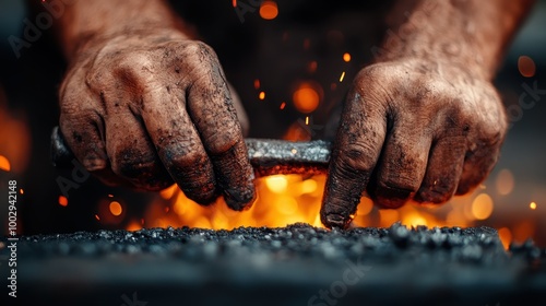 In an artful depiction of craftsmanship, rugged hands shape a glowing, heated rod of metal, surrounded by vivid sparks in a vibrant dark and fiery backdrop. photo