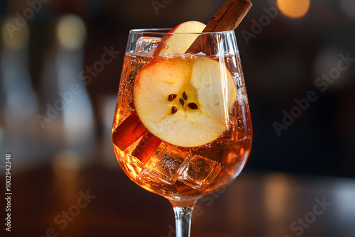 Close up Apple Cider Aperol Spritz with Apple and Cinnamon Garnish photo