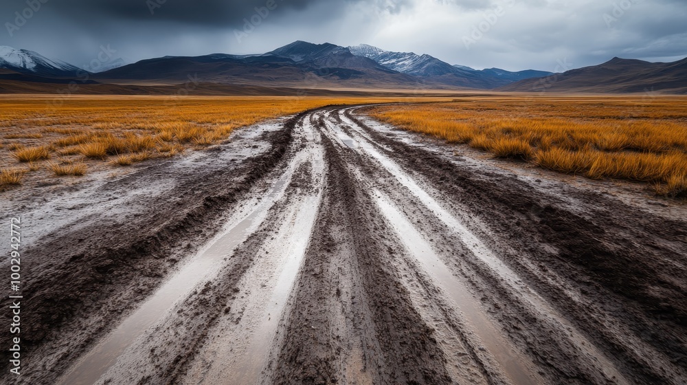 Fototapeta premium A muddy road curves through a barren, wild landscape with looming mountains and dark, stormy skies, highlighting the raw beauty and drama of nature's elements.