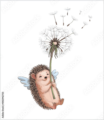 A delightful illustration of a hedgehog holding onto a dandelion. The dandelion's seeds are dispersing in the air, forming a delicate cloud.
The hedgehog appears to be floating or flying, with its tin