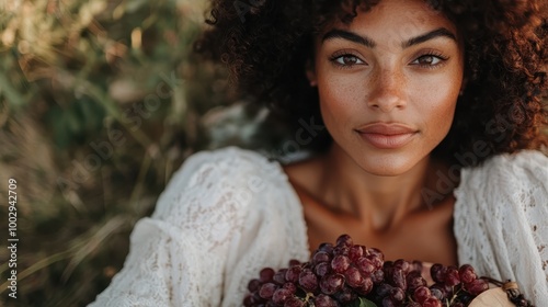 A serene scene of a relaxed woman with curly hair, eyes closed, gently holding grapes, lying outdoors, capturing a moment of peaceful connection with nature. photo