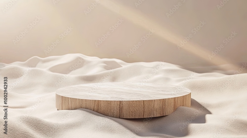 Abstract composition of a wood and stone podium on realistic sand, offering a minimal backdrop with copy space, Abstract composition of a wood and stone podium on realistic sand, offering a minimal backdrop with copy space,