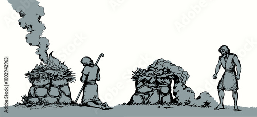 Vector drawing. Man Offers a Sacrifice to God