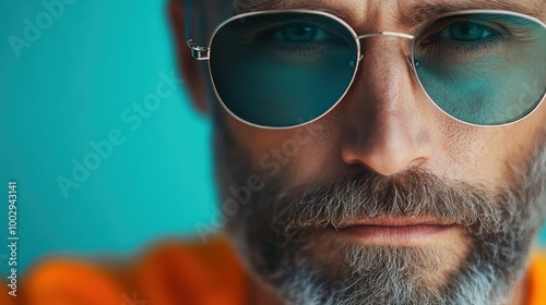 Intense close-up of a man with a stern demeanor behind tinted aviator sunglasses, showcasing a mix of authority and introspection in a modern yet timeless style. photo