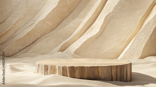 Abstract composition of a wood and stone podium on realistic sand, offering a minimal backdrop with copy space,