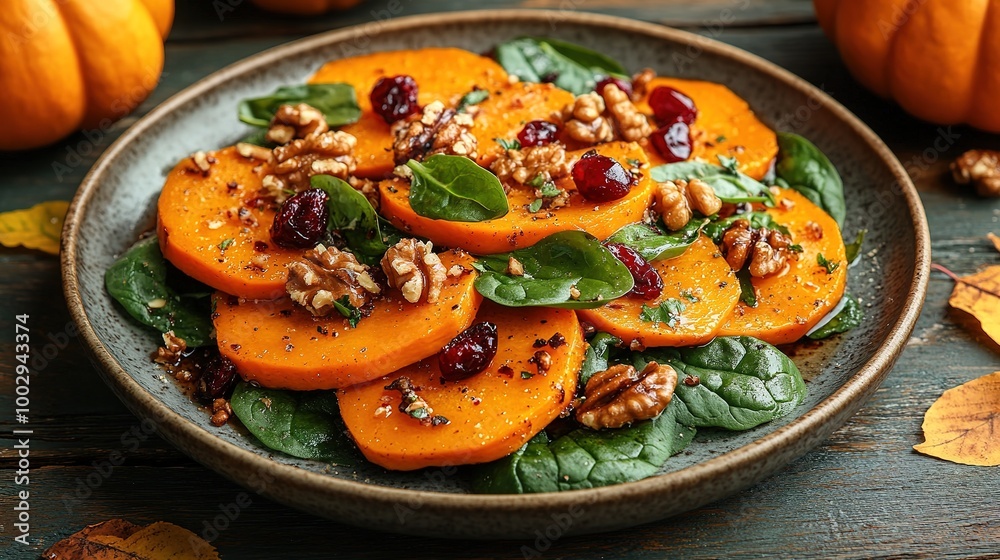 Roasted pumpkin salad with spinach and walnut on a black plate on a old wooden background. Top view Roasted pumpkin salad with spinach and walnut on a black plate on a old wooden background. Top view