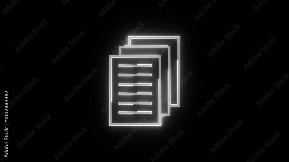 Neon glowing page papers icon animation in black background Neon glowing page papers icon animation in black background