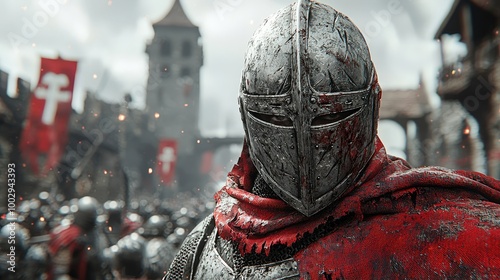 A determined knight stands proudly amidst a battle-ready army in a medieval stronghold under a moody sky