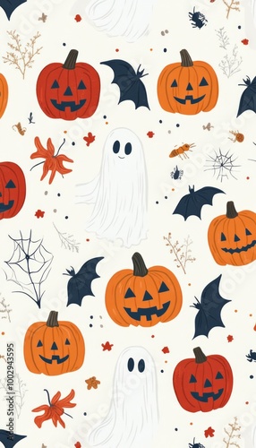 A festive Halloween-themed pattern featuring pumpkins, ghosts, and bats.