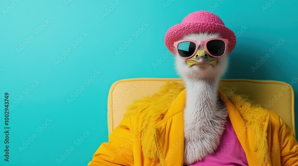 Fototapeta premium An elegantly dressed ostrich, adorned in colorful attire, including a hat and sunglasses, sits comfortably against a bright, lively backdrop, oozing spirited flair.