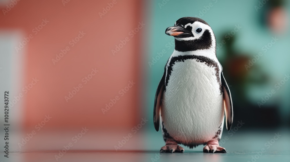 Fototapeta premium The penguin stands on a pleasantly smooth floor with a colorful blurred background, emphasizing its gentle demeanor and quaint cuteness amidst modern design.