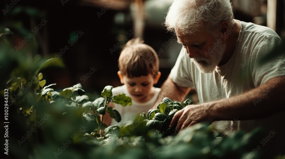 Fototapeta premium Elderly man with a beard helps young child in a garden, tending to plants together in a scene filled with learning, bonding, and nurturing.
