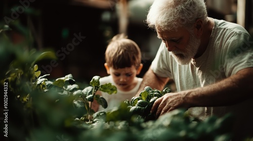 Elderly man with a beard helps young child in a garden, tending to plants together in a scene filled with learning, bonding, and nurturing.