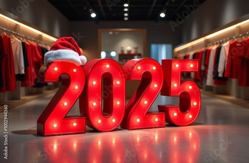 Christmas Red big bold numbers 2025 in a showroom or clothing store, a symbol of a New Year's sale or a new collection