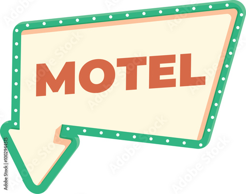 Classic motel sign with a down arrow, featuring light bulbs around the edge, is set against a white background