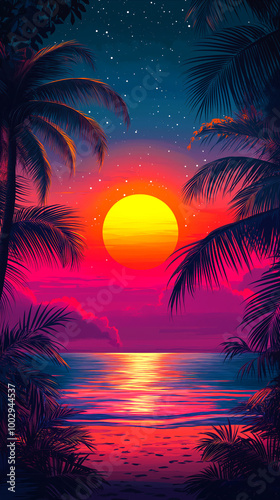 Vibrant, vintage-style sunset illustration featuring glowing sun setting over serene ocean. Summer vacation poster evokes sense of relaxation, beauty of the beach, timeless tropical evenings.