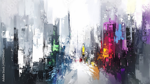 An abstract vertical city painting, with brush strokes of gray and white, highlighted by random splashes of vibrant colors. Abstract Expressionism. Illustration