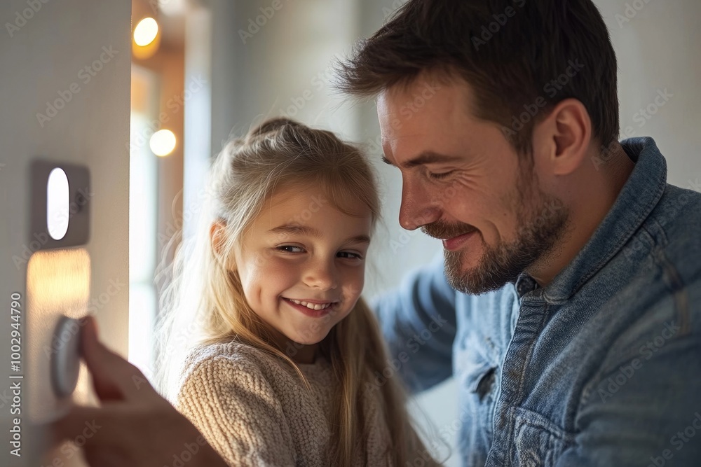 Girl helping father to adjust, lower heating temperature on thermostat. Concept of sustainable, efficient, smart technology in home heating and, Generative AI Girl helping father to adjust, lower heating temperature on thermostat. Concept of sustainable, efficient, smart technology in home heating and, Generative AI