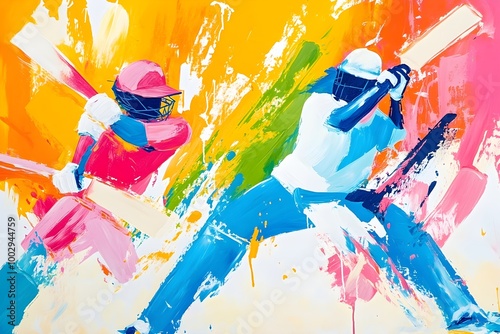 a vibrant and colorful abstract painting depicting two cricket players. The player on the left is wearing a pink and red outfit with a helmet, and is holding a cricket bat