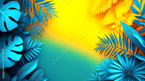 Tropical-inspired banner with copy space, vibrant blue and yellow leaves framing foreground, set against gradient background. Summer or exotic tropical vibe, related to nature, travel, and vacation