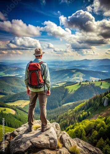 Hiker standing on mountain summit with scenic valley view, outdoor adventure, nature lover, trekking, wanderlust

 photo