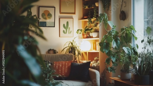 A cozy living room filled with plants and artwork, creating a warm atmosphere for remote meetings