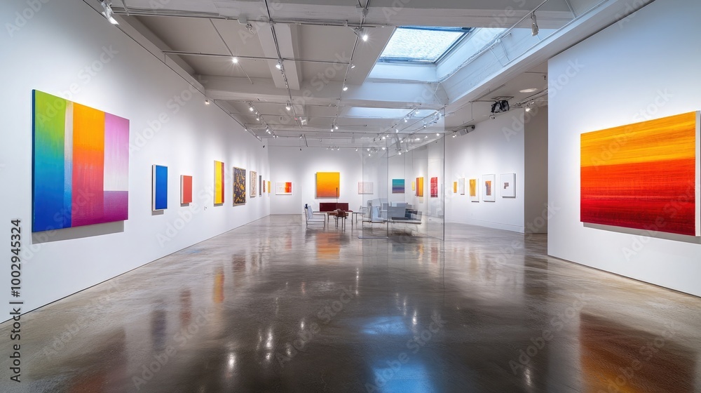 Fototapeta premium A vibrant artist's gallery with crisp white walls providing a backdrop for colorful modern artwork. Polished concrete floors reflect the natural light streaming through skylights
