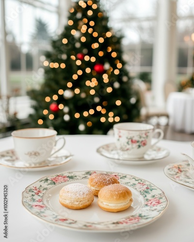 A festive table setting with pastries and a decorated Christmas tree in the background.