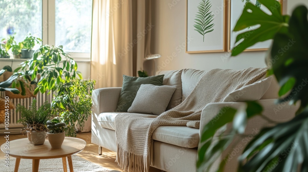 A warm and inviting living room with plants and artwork, ideal for cozy video calls A warm and inviting living room with plants and artwork, ideal for cozy video calls