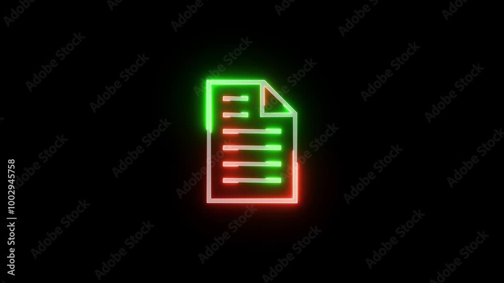 Neon document file icon glowing animated black background Neon document file icon glowing animated black background
