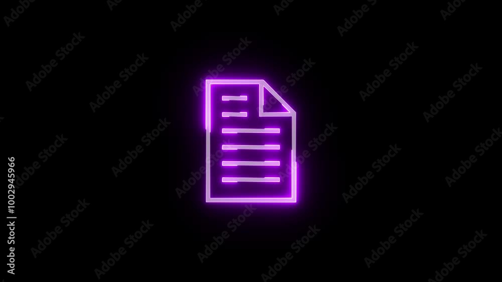 Neon document file icon glowing animated black background Neon document file icon glowing animated black background