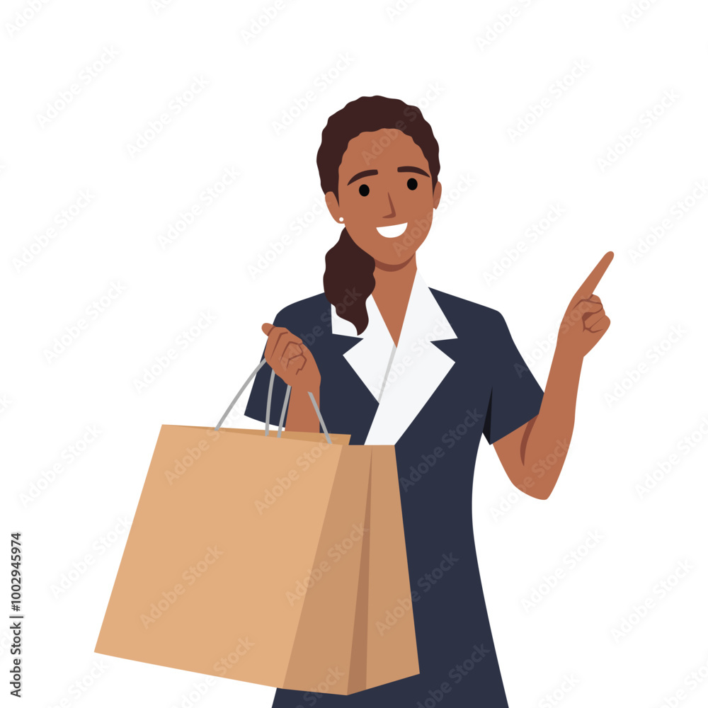 Attractive fashionable woman holding packages with clothes after shopping. Flat vector illustration isolated on white background Attractive fashionable woman holding packages with clothes after shopping. Flat vector illustration isolated on white background