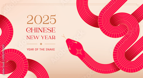Chinese new year 2025 year of the Snake. Abstract background. Linear geometric red Snake illustration. Traditional vector design. Lunar new year concept