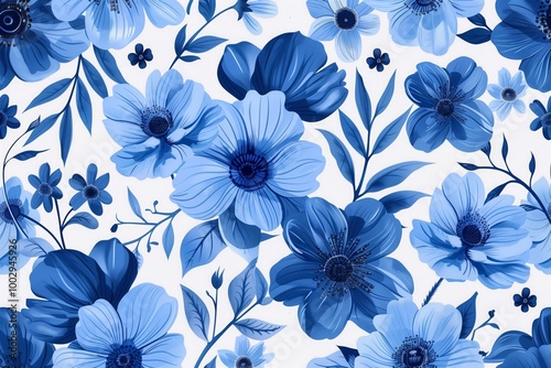 A blue and white floral design with a white background