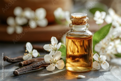 banner featuring vanilla essential oil bottle, fresh pods, and flowers for a natural aromatherapy concept