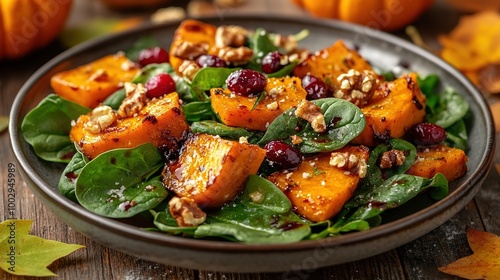 Roasted pumpkin salad with spinach and walnut on a black plate on a old wooden background. Top view