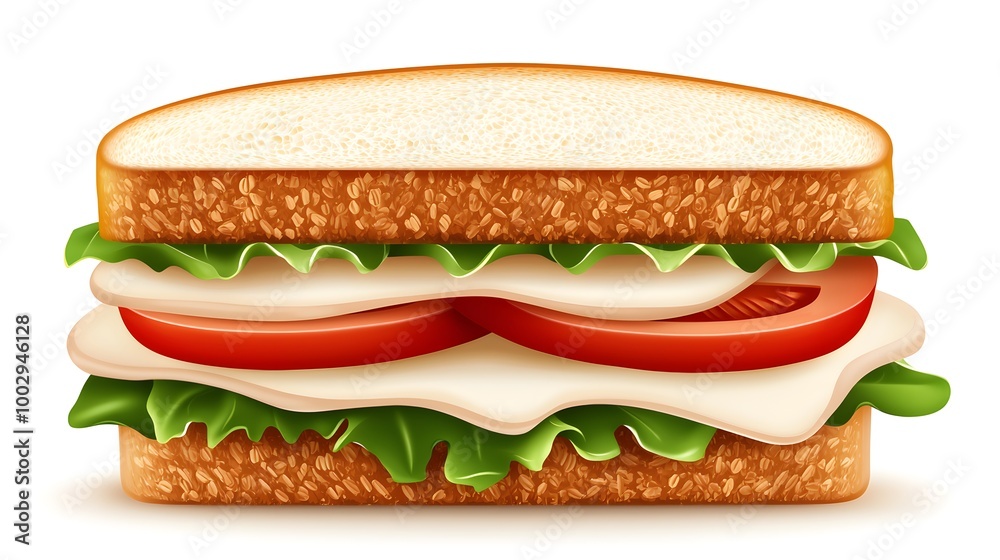 A classic turkey sandwich with lettuce, tomato, and mayonnaise on whole grain bread A classic turkey sandwich with lettuce, tomato, and mayonnaise on whole grain bread