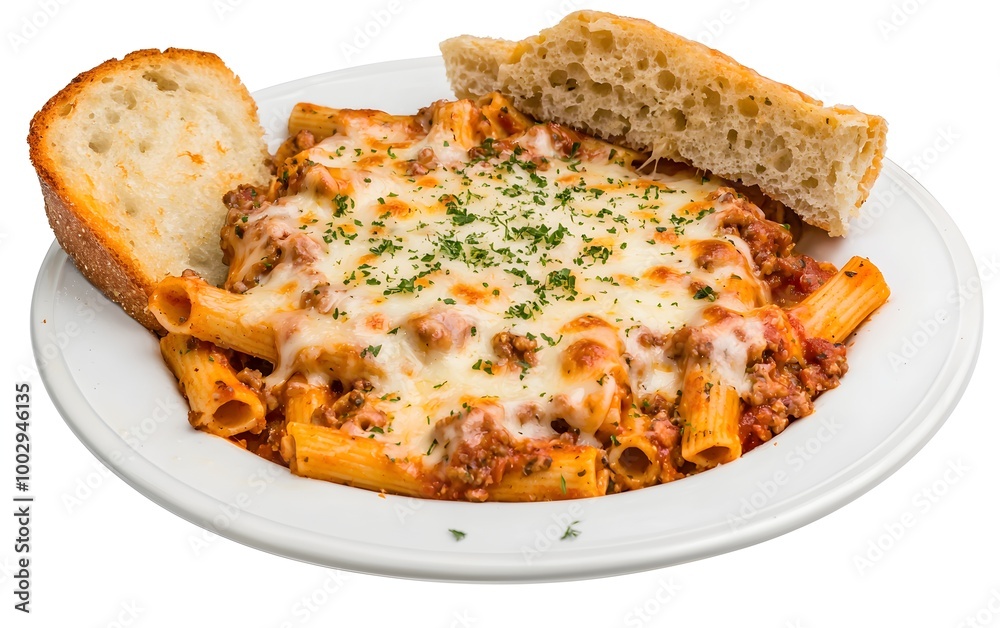 A comforting plate of baked ziti with melted cheese and a side of garlic bread A comforting plate of baked ziti with melted cheese and a side of garlic bread