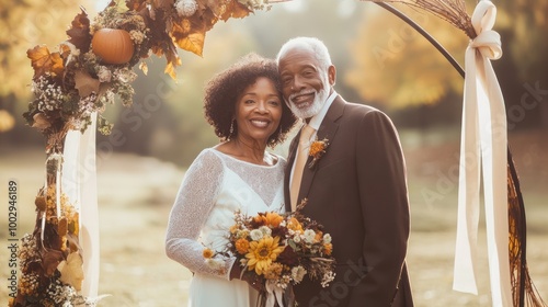 Autumn or fall wedding day photo of an elderly black couple. A portrait of senior bride and groom in festive clothing with flowers. People in love are outdoors in autumn landscape, AI generated image