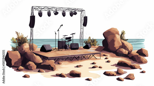 Beach concert with a makeshift stage on a rocky shore.,space for text,isolated on white background. Rocky Shore. Illustration