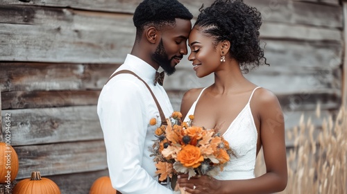 Autumn wedding day of beautiful young adult black couple, bride and groom in elegant festive clothes against fall yellow and crimson landscape outdoors, AI generated image