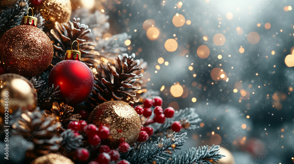 Christmas tree with red and golden baubles and lights bokeh background. Space for text. Copy space. Greeting card. Christmas tree with red and golden baubles and lights bokeh background. Space for text. Copy space. Greeting card.