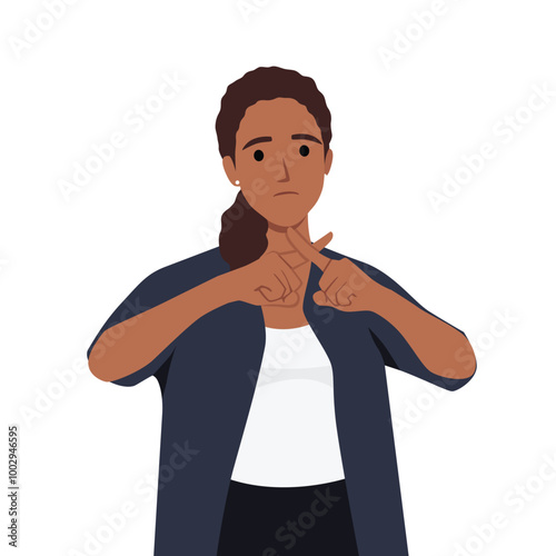 Woman with rejection expression crossing fingers doing negative sign. Flat vector illustration isolated on white background