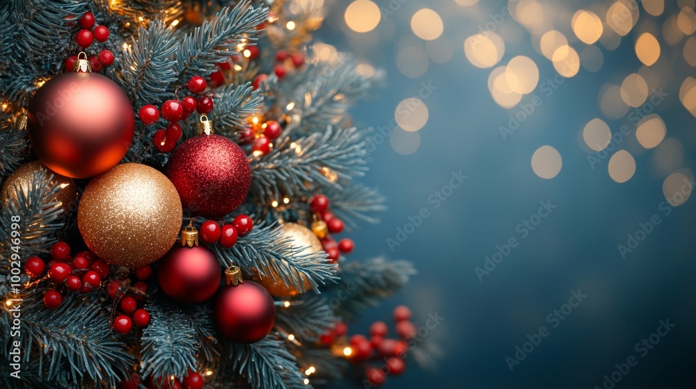 Christmas tree with red and golden baubles and lights bokeh background. Space for text. Copy space. Greeting card. Christmas tree with red and golden baubles and lights bokeh background. Space for text. Copy space. Greeting card.