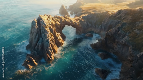 Breathtaking aerial shot of lands end arch turquoise waters meeting deep blue ocean rugged coastline golden hour lighting. Rugged Coastline. Illustration photo