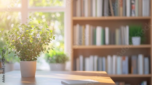 Cozy home office with a blurred background featuring bookshelves and green plants