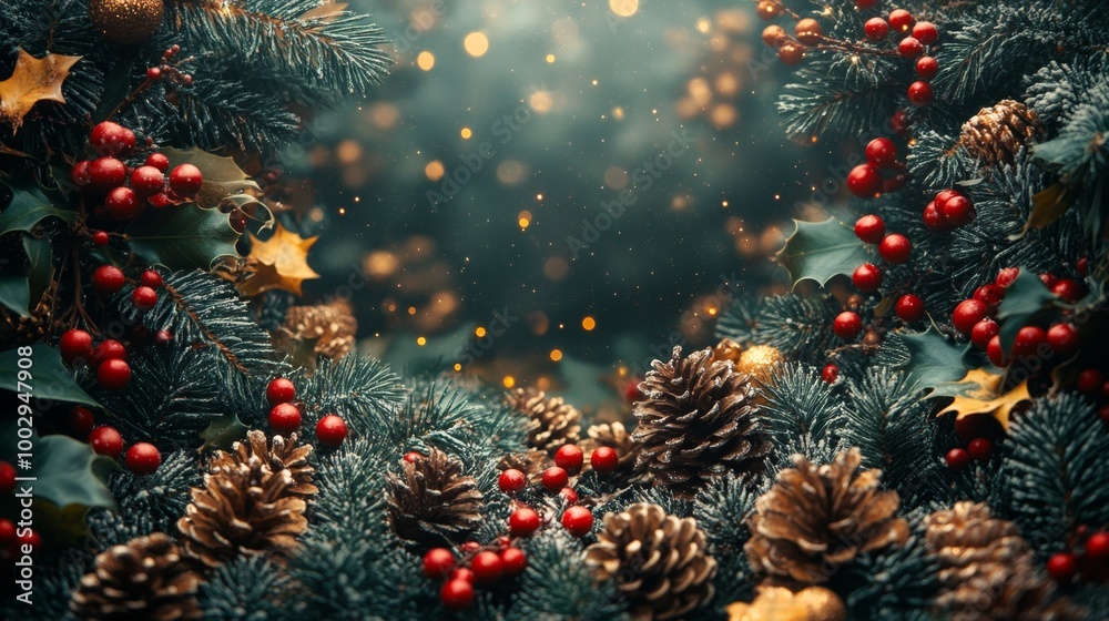 Christmas tree with red and golden baubles and lights bokeh background. Space for text. Copy space. Greeting card. Christmas tree with red and golden baubles and lights bokeh background. Space for text. Copy space. Greeting card.