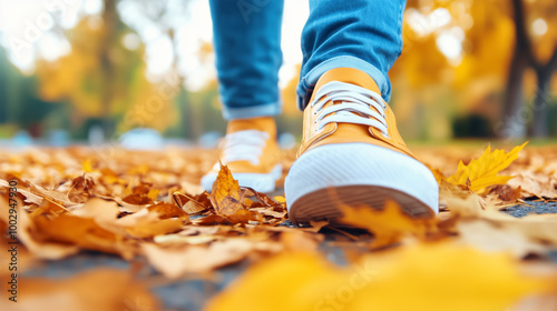 Person in Yellow Sneakers and Blue Jeans Walking in Park on Autumn, Leaf-Covered Ground. photo